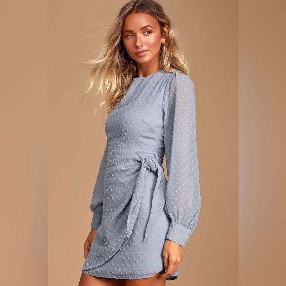 LULU’S Much Love Light Blue Swiss Dott Long Sleeve Tie-Front Mini Dress - Picture 4 of 7